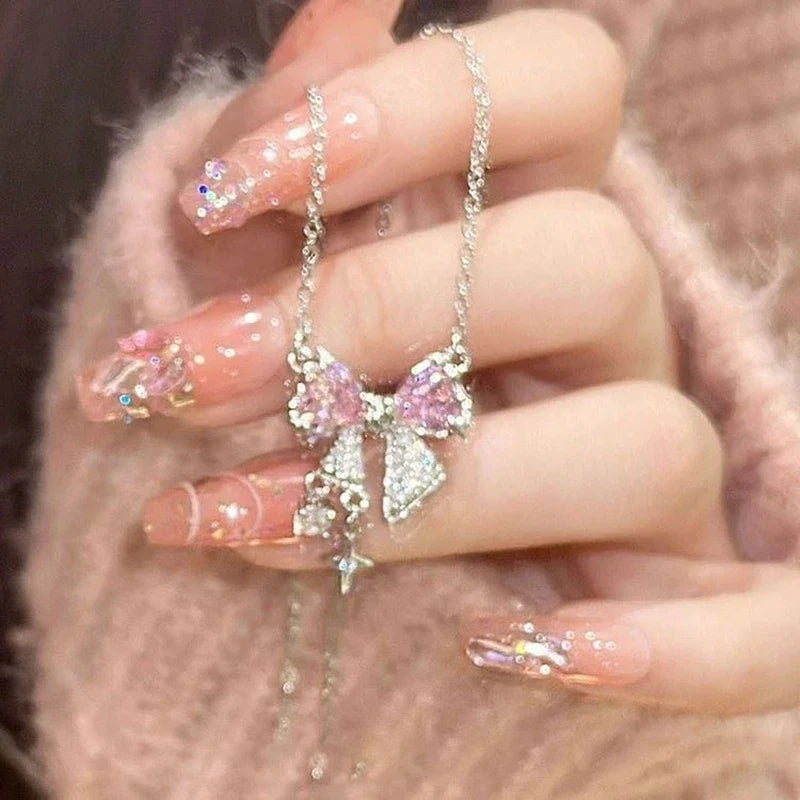 Sterling Silver Pink Bow Pendant Necklace – Sparkling Rhinestone Clavicle Chain for Women | Elegant Wedding Jewelry Gift