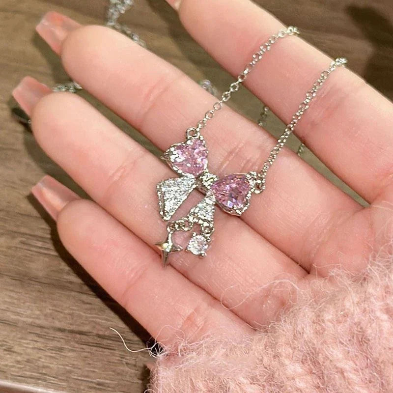 Sterling Silver Pink Bow Pendant Necklace – Sparkling Rhinestone Clavicle Chain for Women | Elegant Wedding Jewelry Gift