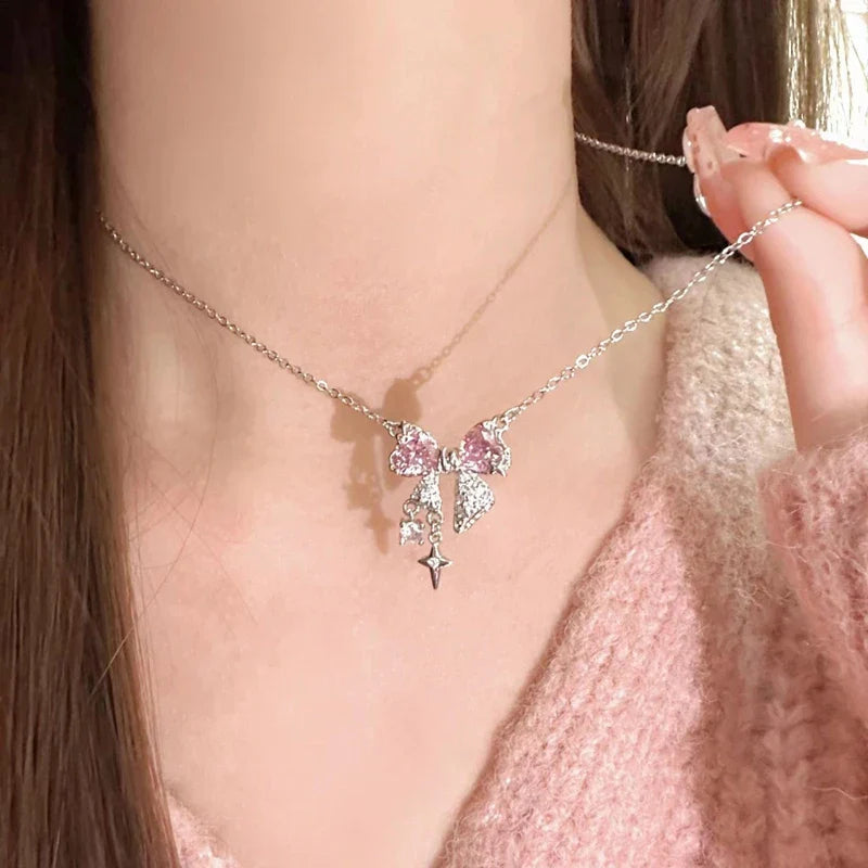 Sterling Silver Pink Bow Pendant Necklace – Sparkling Rhinestone Clavicle Chain for Women | Elegant Wedding Jewelry Gift