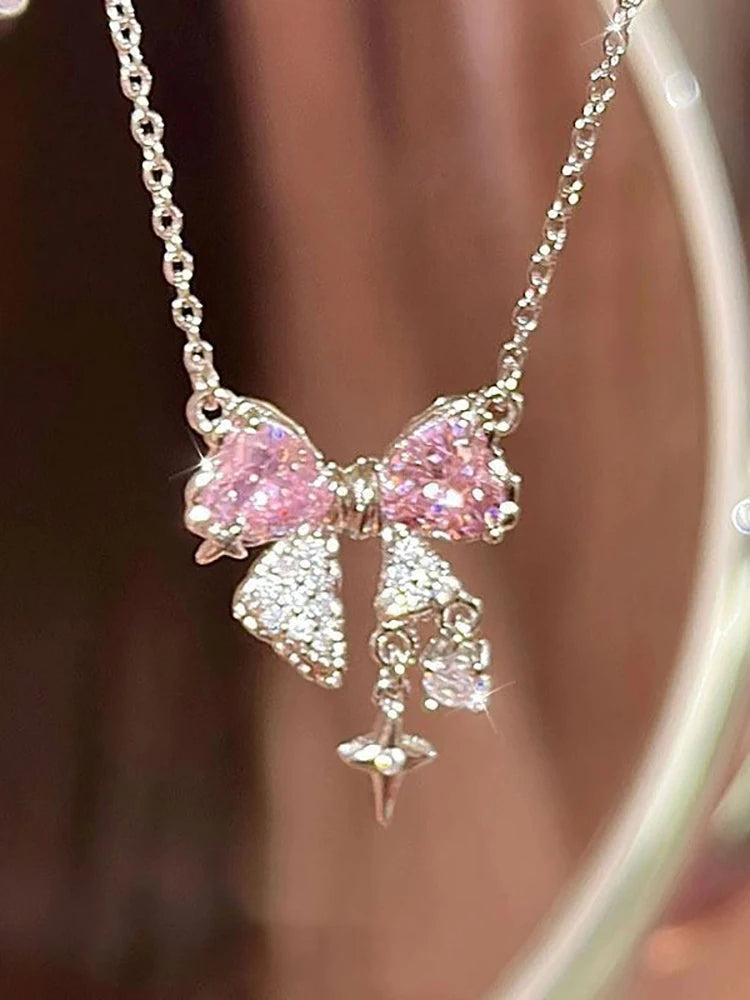 Sterling Silver Pink Bow Pendant Necklace – Sparkling Rhinestone Clavicle Chain for Women | Elegant Wedding Jewelry Gift