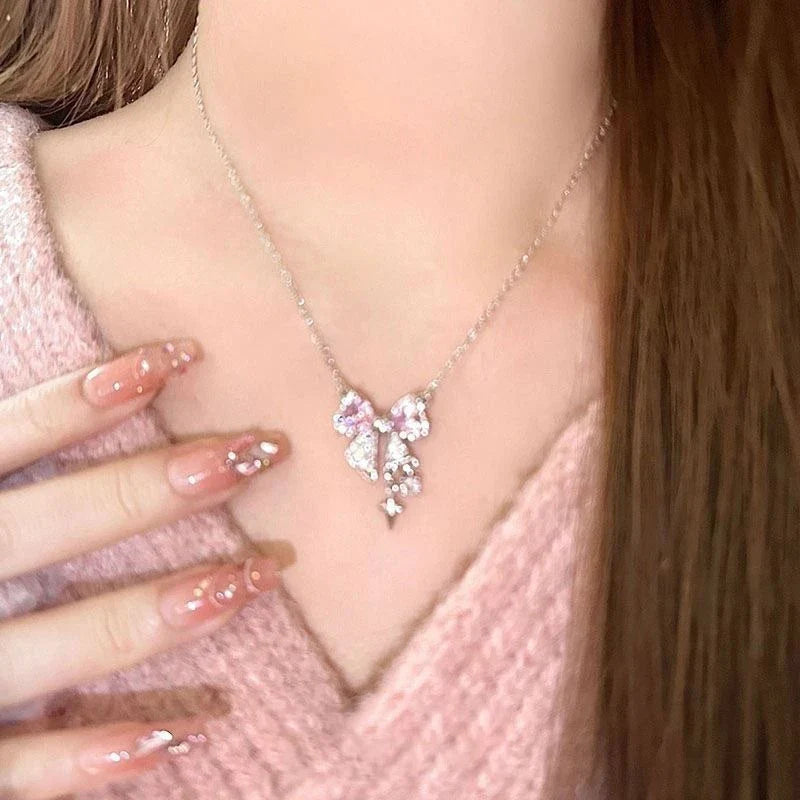 Sterling Silver Pink Bow Pendant Necklace – Sparkling Rhinestone Clavicle Chain for Women | Elegant Wedding Jewelry Gift
