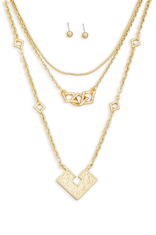 Square Pendant Layered Chain Necklace & Ball Jewelry Set | Elegant & Trendy Accessories