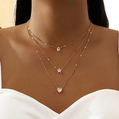 Chic & Stylish Three Layer Golden Metal Necklace with Three Pendants