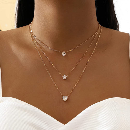 Chic & Stylish Three Layer Golden Metal Necklace with Three Pendants