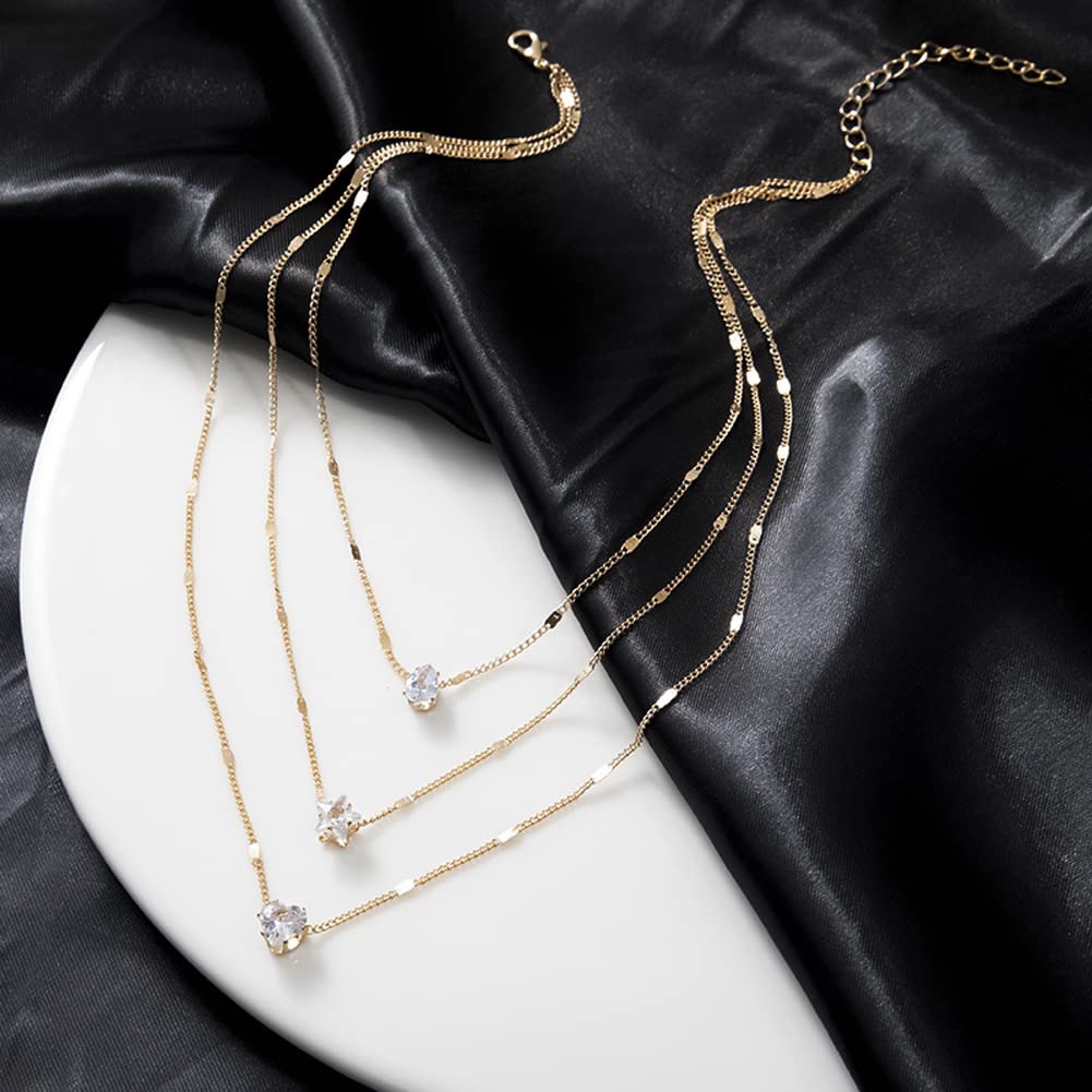 Chic & Stylish Three Layer Golden Metal Necklace with Three Pendants