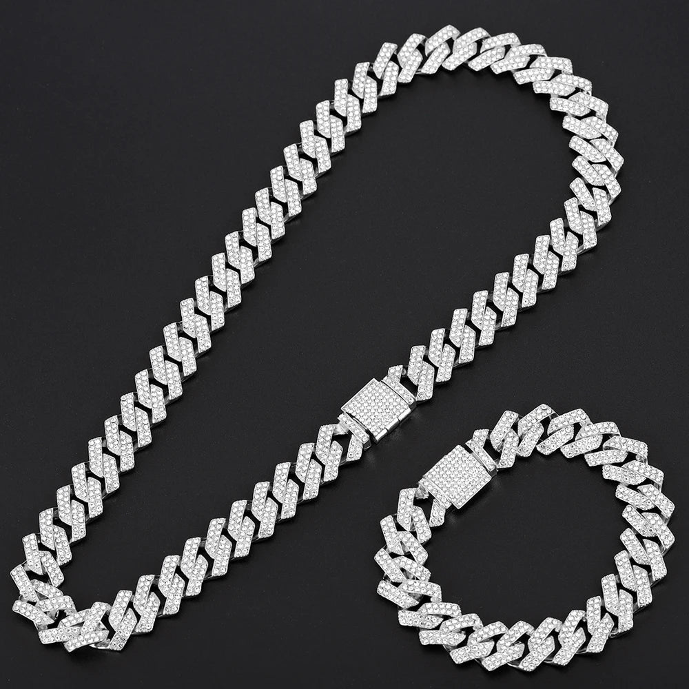 rendy Hip Hop Jewelry Set – 16mm Cuban Link Necklace, Bracelet & Watch for Men/Women