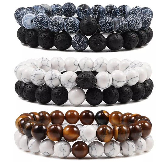 Black White Natural Stone Couples Bracelet Set – Matching His and Hers Bracelets for Couples