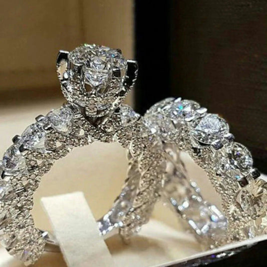 Elegant Zircon Engagement & Wedding Ring Set – Silver Color Jewelry for Women