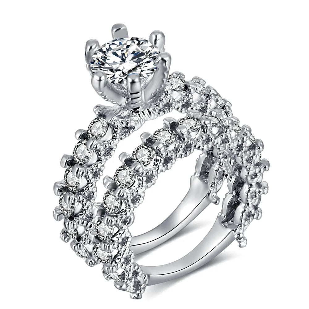 Elegant Zircon Engagement & Wedding Ring Set – Silver Color Jewelry for Women