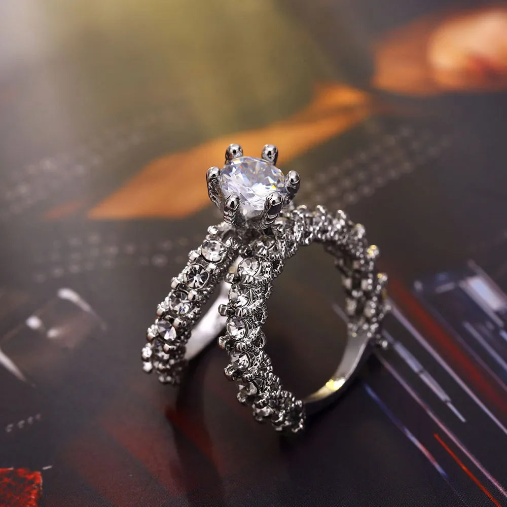 Elegant Zircon Engagement & Wedding Ring Set – Silver Color Jewelry for Women