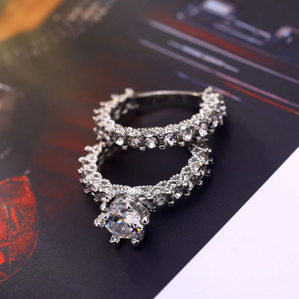 Elegant Zircon Engagement & Wedding Ring Set – Silver Color Jewelry for Women