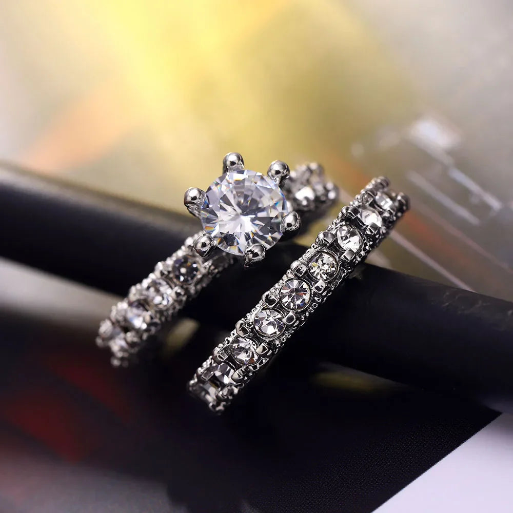 Elegant Zircon Engagement & Wedding Ring Set – Silver Color Jewelry for Women