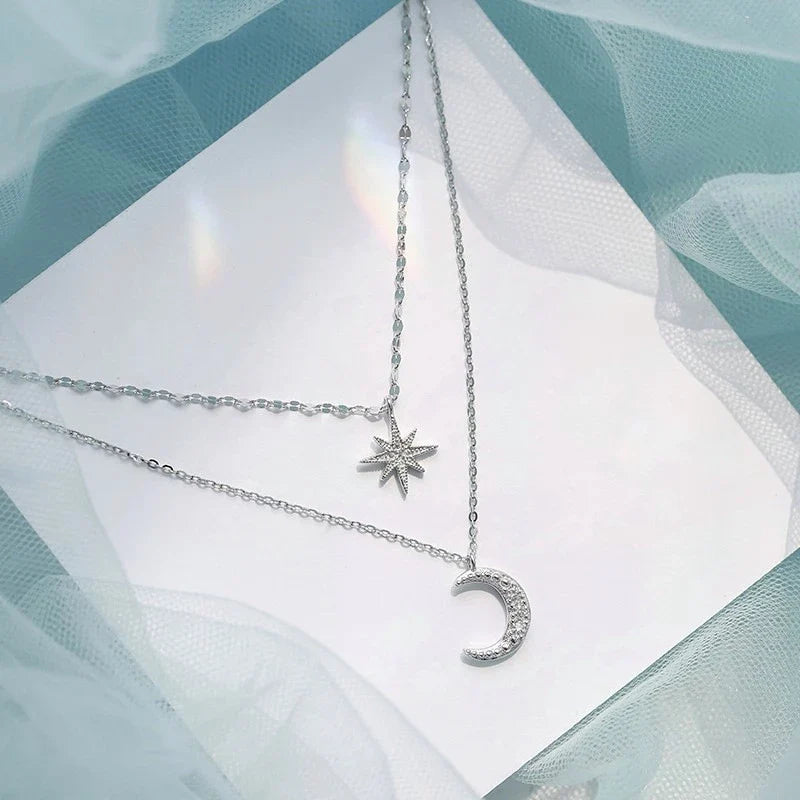 Elegant 925 Silver Double Star & Moon Necklace – Fine Jewelry for Women