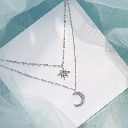 Elegant 925 Silver Double Star & Moon Necklace – Fine Jewelry for Women