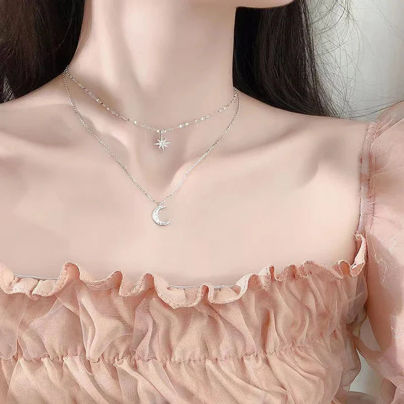 Elegant 925 Silver Double Star & Moon Necklace – Fine Jewelry for Women