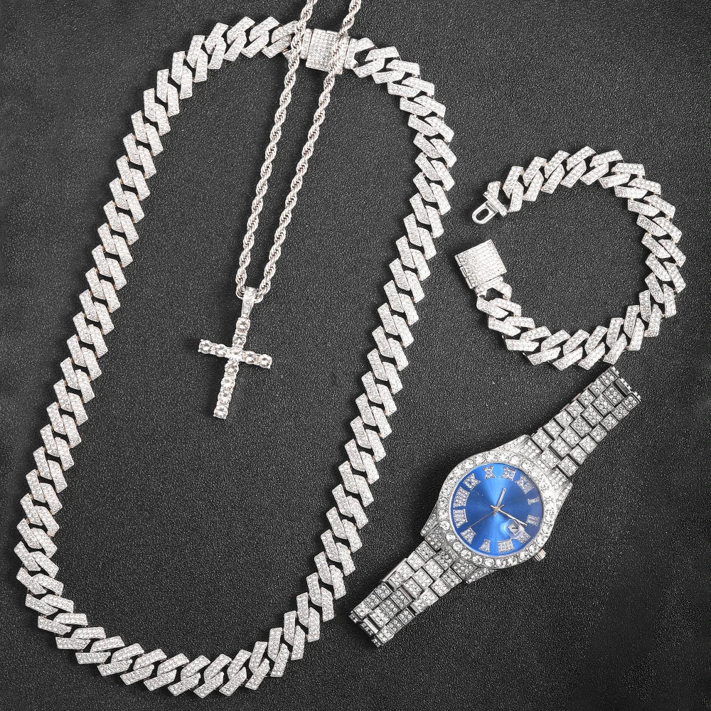 rendy Hip Hop Jewelry Set – 16mm Cuban Link Necklace, Bracelet & Watch for Men/Women