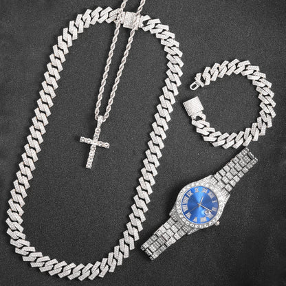 rendy Hip Hop Jewelry Set – 16mm Cuban Link Necklace, Bracelet & Watch for Men/Women