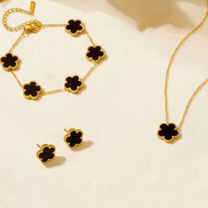3-Piece Stainless Steel Jewelry Set – Plum Blossom Five-Leaf Necklace, Bracelet & Earrings for Women
