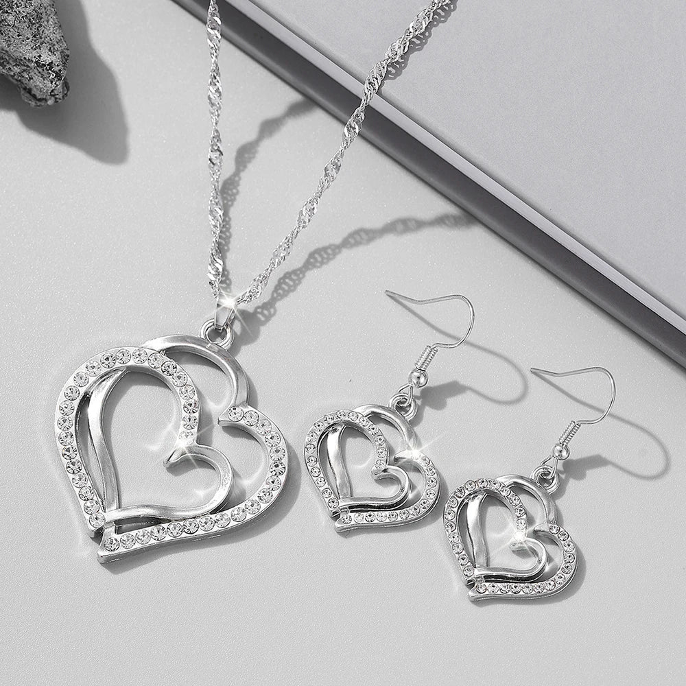 3-Piece Heart-Shaped Jewelry Set for Women – Rhinestone Double Heart Necklace & Earrings Pendant Set, Elegant Fashion Gift