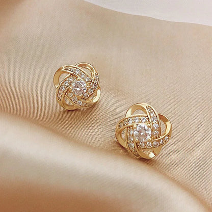 Golden Crystal Stud Earrings – Shiny Luxury Gold-Tone Sparkling Earrings for Women
