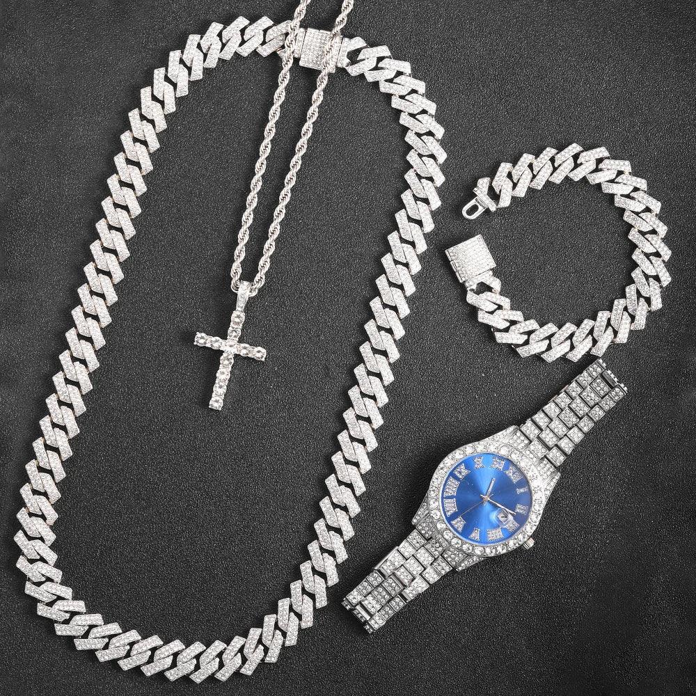 rendy Hip Hop Jewelry Set – 16mm Cuban Link Necklace, Bracelet & Watch for Men/Women