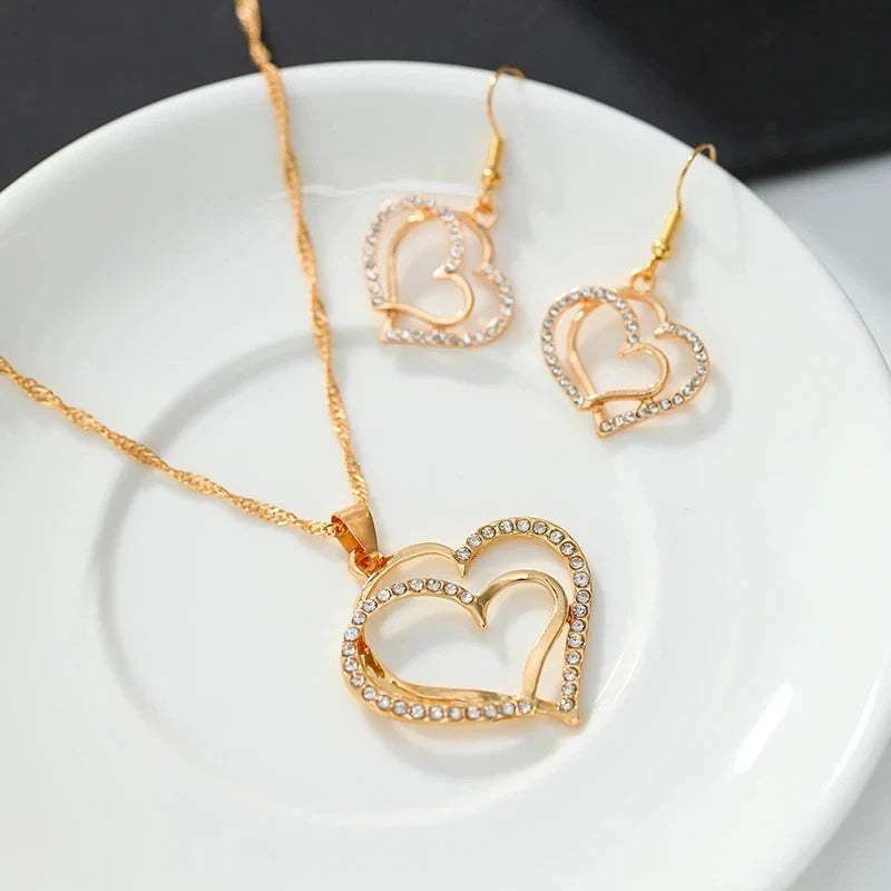3-Piece Heart-Shaped Jewelry Set for Women – Rhinestone Double Heart Necklace & Earrings Pendant Set, Elegant Fashion Gift