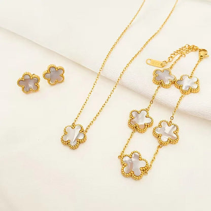 3-Piece Stainless Steel Jewelry Set – Plum Blossom Five-Leaf Necklace, Bracelet & Earrings for Women