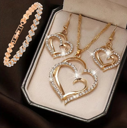 3-Piece Heart-Shaped Jewelry Set for Women – Rhinestone Double Heart Necklace & Earrings Pendant Set, Elegant Fashion Gift