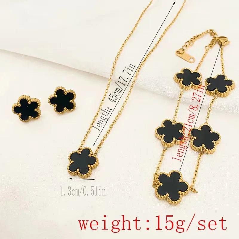 3-Piece Stainless Steel Jewelry Set – Plum Blossom Five-Leaf Necklace, Bracelet & Earrings for Women