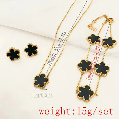 3-Piece Stainless Steel Jewelry Set – Plum Blossom Five-Leaf Necklace, Bracelet & Earrings for Women