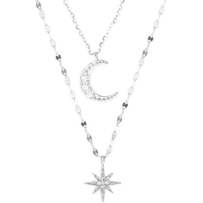 Elegant 925 Silver Double Star & Moon Necklace – Fine Jewelry for Women