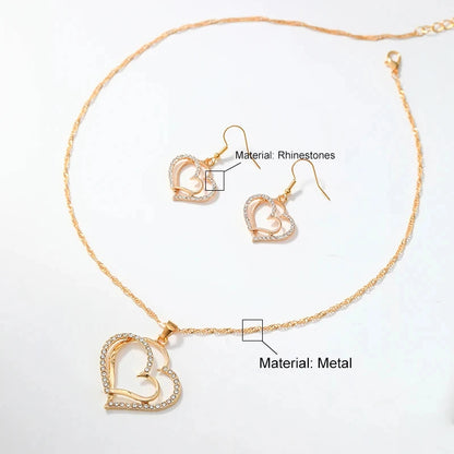 3-Piece Heart-Shaped Jewelry Set for Women – Rhinestone Double Heart Necklace & Earrings Pendant Set, Elegant Fashion Gift