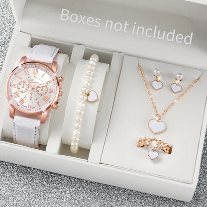 6PCS Women's Watch and Jewelry Set | Elegant Watch, Necklace, Bracelet, Earrings & Ring Gift Set