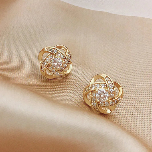 Golden Crystal Stud Earrings – Shiny Luxury Gold-Tone Sparkling Earrings for Women