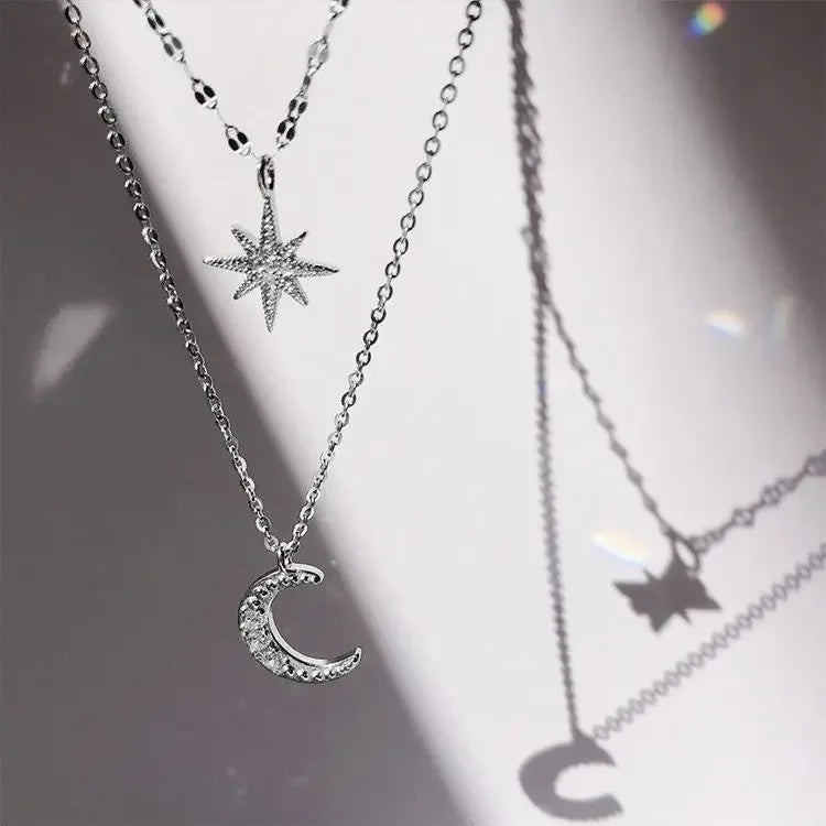 Elegant 925 Silver Double Star & Moon Necklace – Fine Jewelry for Women