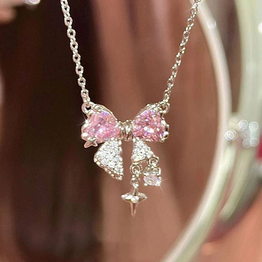 Sterling Silver Pink Bow Pendant Necklace – Sparkling Rhinestone Clavicle Chain for Women | Elegant Wedding Jewelry Gift