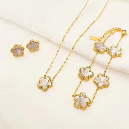 3-Piece Stainless Steel Jewelry Set – Plum Blossom Five-Leaf Necklace, Bracelet & Earrings for Women