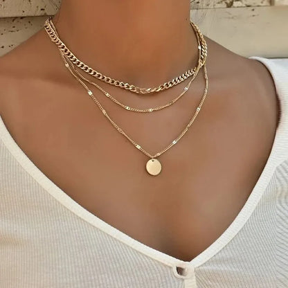 Chic & Stylish Three Layer Golden Metal Necklace with Three Pendants