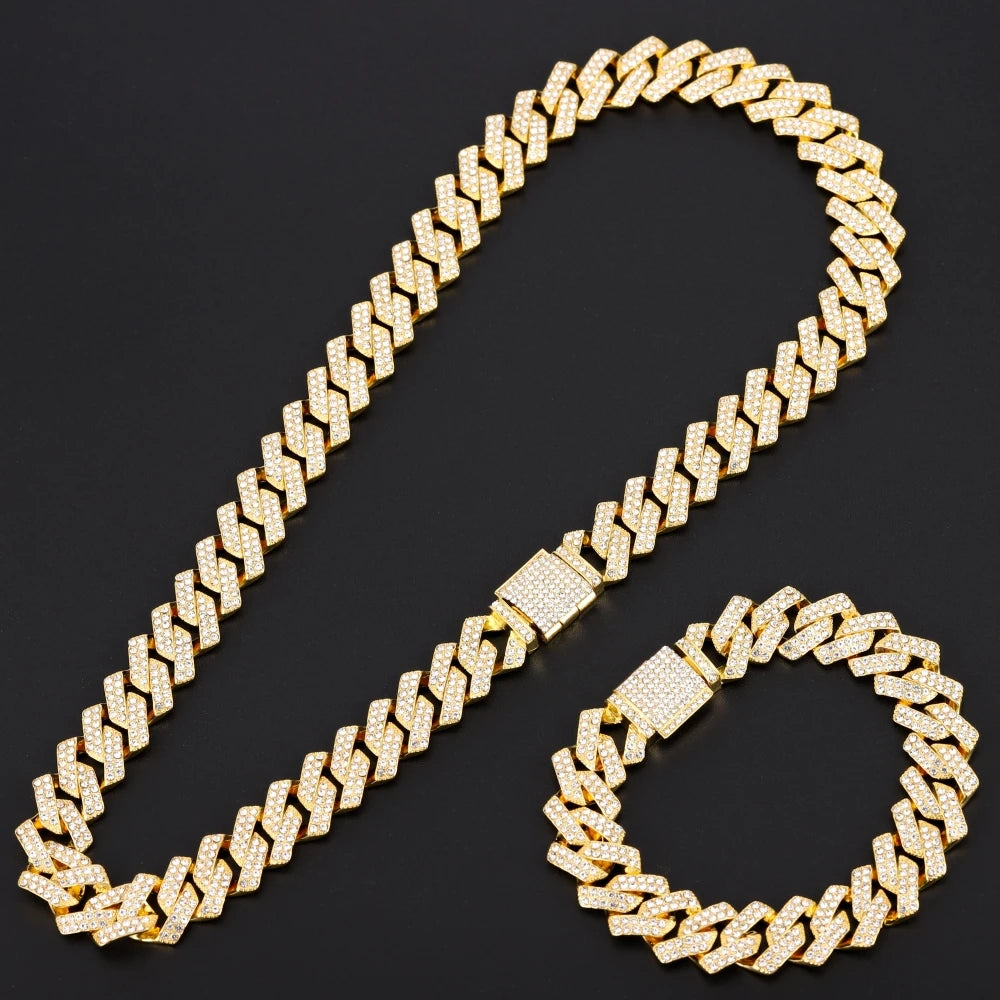 rendy Hip Hop Jewelry Set – 16mm Cuban Link Necklace, Bracelet & Watch for Men/Women