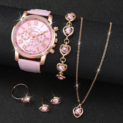 6PCS Women's Watch and Jewelry Set | Elegant Watch, Necklace, Bracelet, Earrings & Ring Gift Set