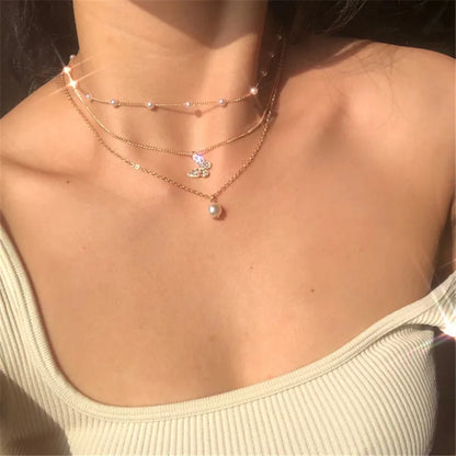 Chic & Stylish Three Layer Golden Metal Necklace with Three Pendants