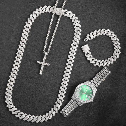 rendy Hip Hop Jewelry Set – 16mm Cuban Link Necklace, Bracelet & Watch for Men/Women