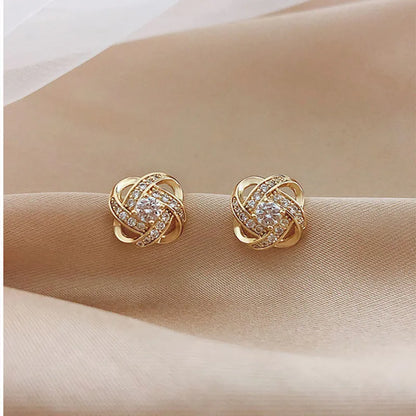 Golden Crystal Stud Earrings – Shiny Luxury Gold-Tone Sparkling Earrings for Women