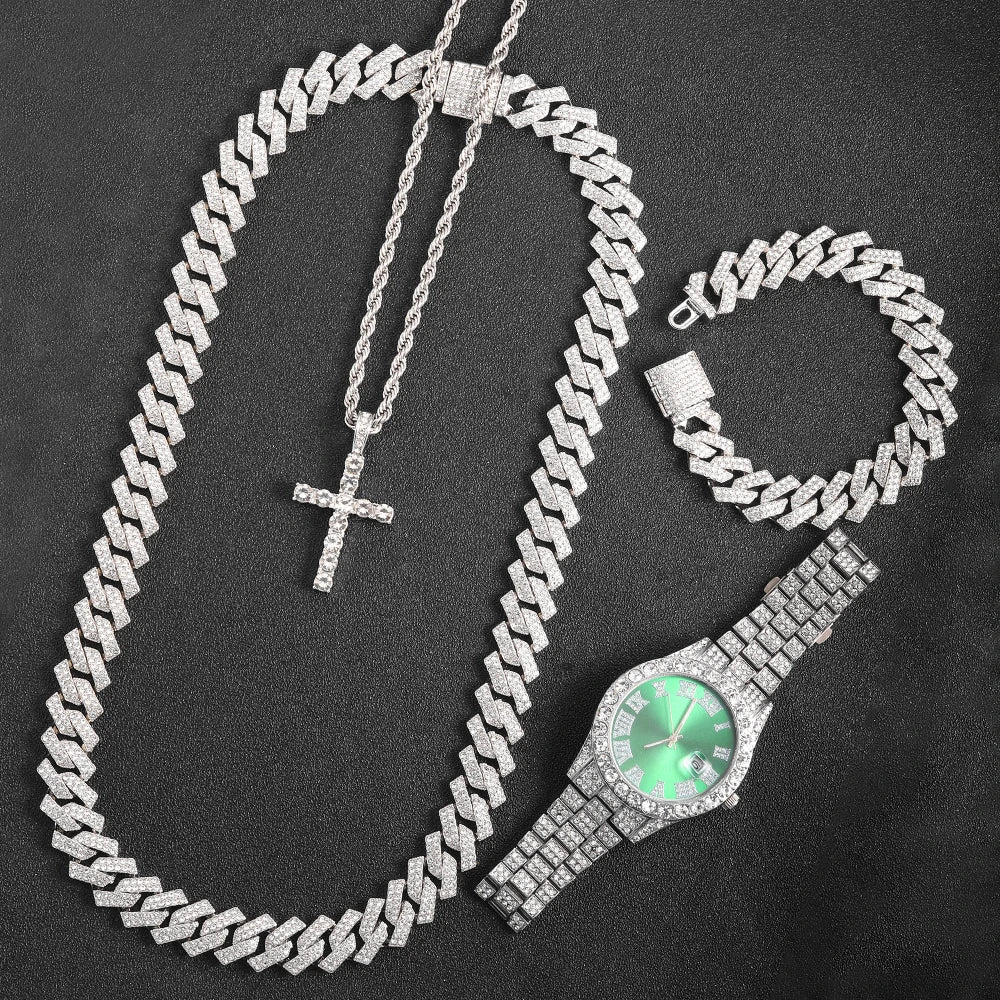 rendy Hip Hop Jewelry Set – 16mm Cuban Link Necklace, Bracelet & Watch for Men/Women