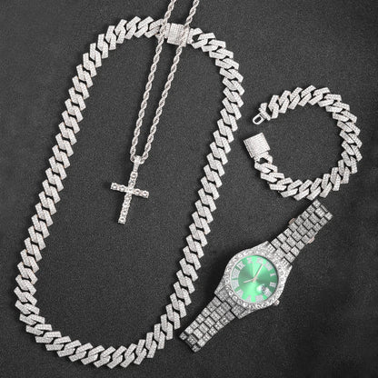 rendy Hip Hop Jewelry Set – 16mm Cuban Link Necklace, Bracelet & Watch for Men/Women