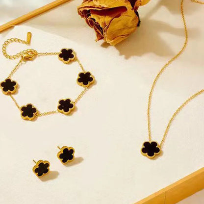 3-Piece Stainless Steel Jewelry Set – Plum Blossom Five-Leaf Necklace, Bracelet & Earrings for Women