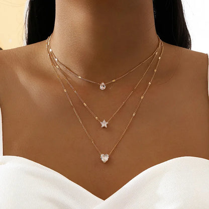 Chic & Stylish Three Layer Golden Metal Necklace with Three Pendants