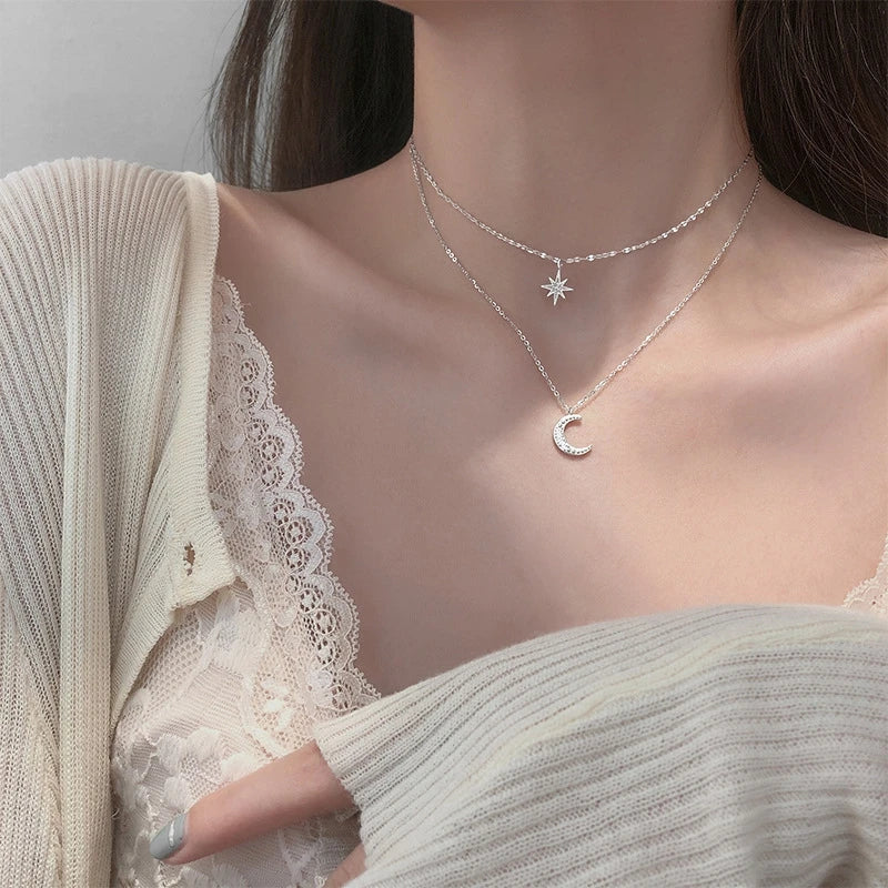 Elegant 925 Silver Double Star & Moon Necklace – Fine Jewelry for Women
