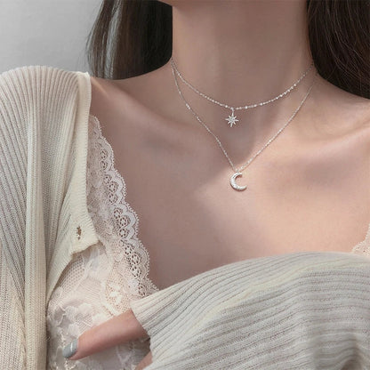 Elegant 925 Silver Double Star & Moon Necklace – Fine Jewelry for Women