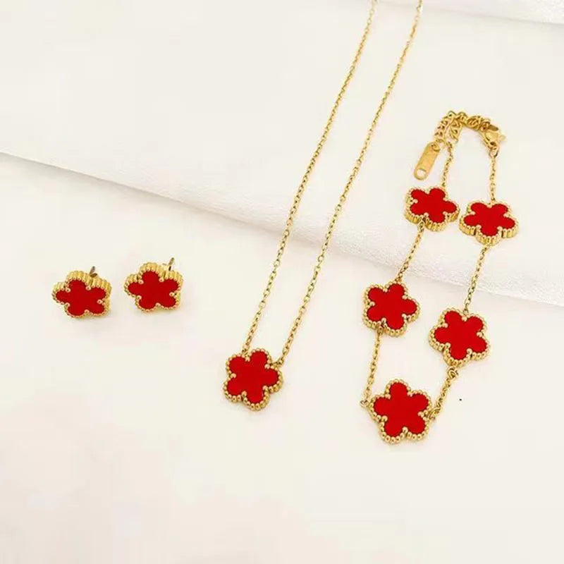 3-Piece Stainless Steel Jewelry Set – Plum Blossom Five-Leaf Necklace, Bracelet & Earrings for Women